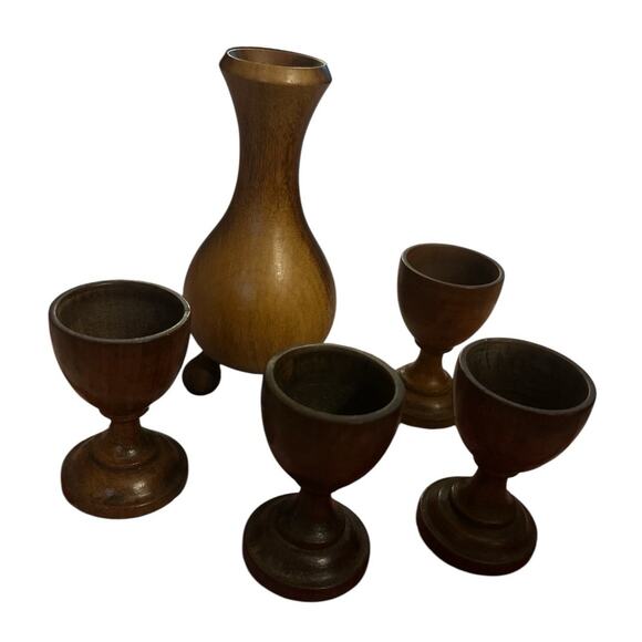 Vintage Handmade Carved Wooden Serving Set 4 Cups Vase - Picture 2 of 4